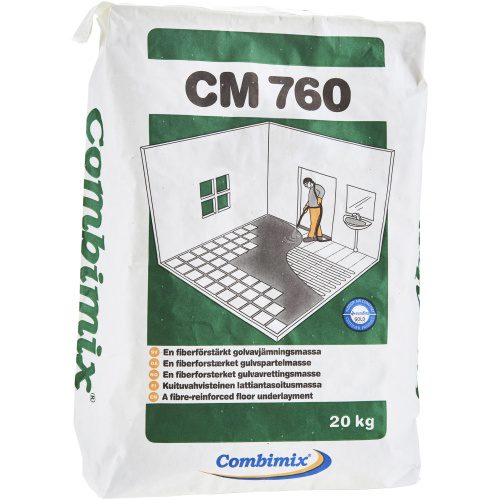 Combimix CM 760 20 kg bag showing illustration of a worker applying self-leveling compound on a tiled floor, labeled as a fibre-reinforced floor underlayment.