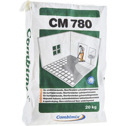 Combimix CM 780 20 kg bag showing illustration of a worker applying self-leveling compound on a tiled floor, labeled as a quick-drying, fibre-reinforced floor underlayment.