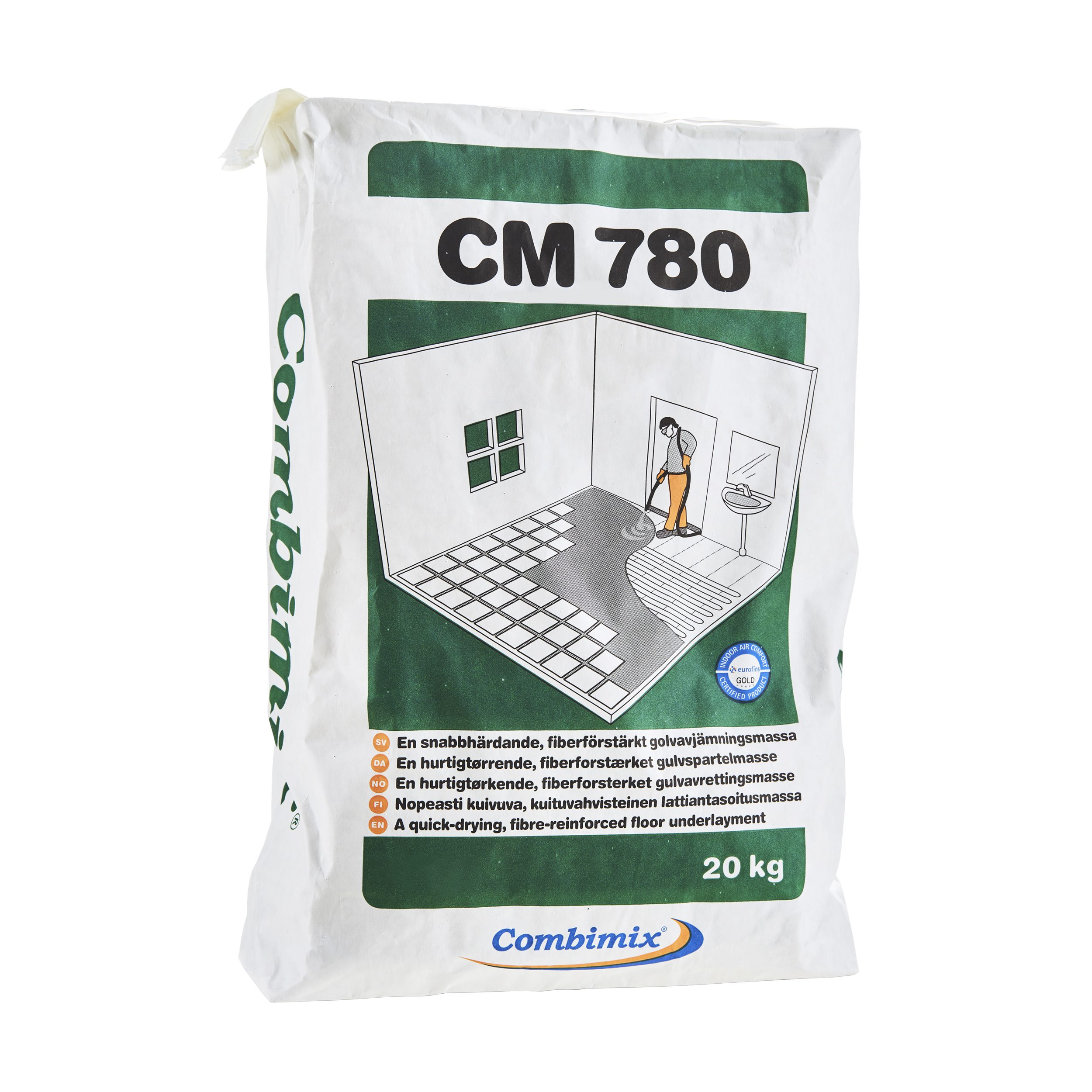 Combimix CM 780 20 kg bag showing illustration of a worker applying self-leveling compound on a tiled floor, labeled as a quick-drying, fibre-reinforced floor underlayment.