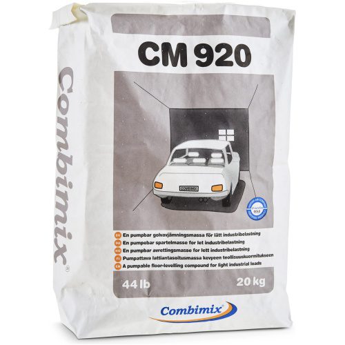 Combimix CM 920 20 kg bag showing illustration of a white car inside a garage, labeled as a pumpable floor-leveling compound for light industrial loads.