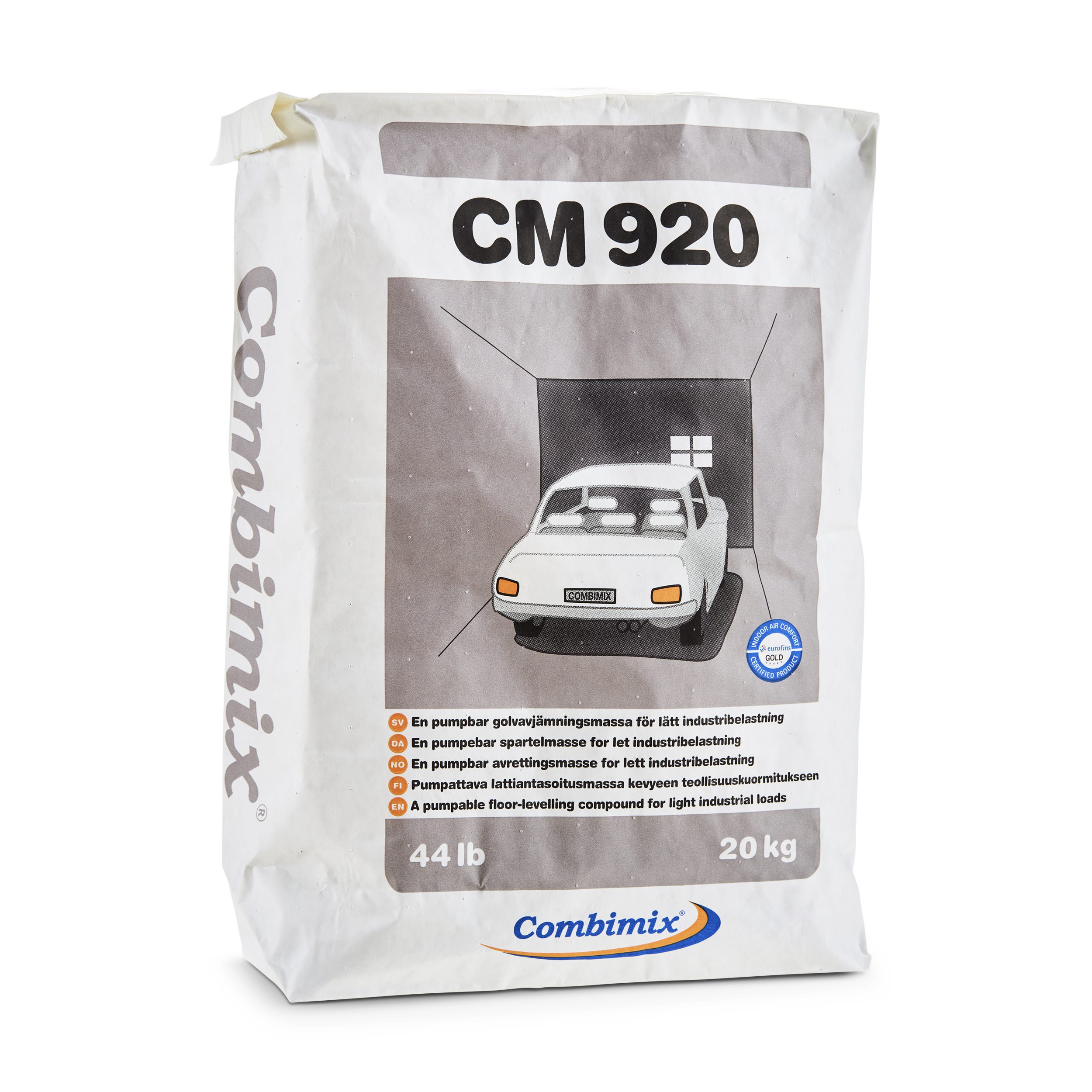 Combimix CM 920 20 kg bag showing illustration of a white car inside a garage, labeled as a pumpable floor-leveling compound for light industrial loads.