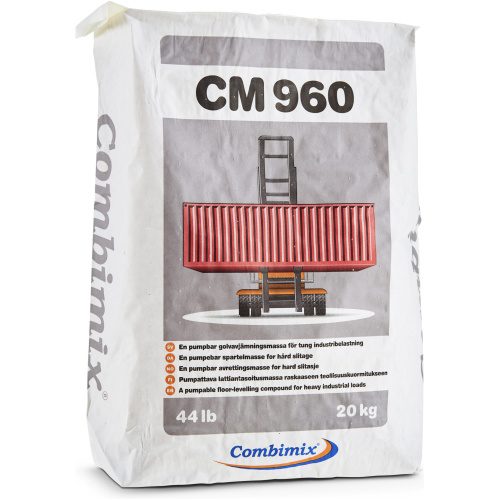 Combimix CM 960 20 kg bag showing illustration of a forklift lifting a red industrial container, labeled as a pumpable floor-leveling compound for heavy industrial loads.
