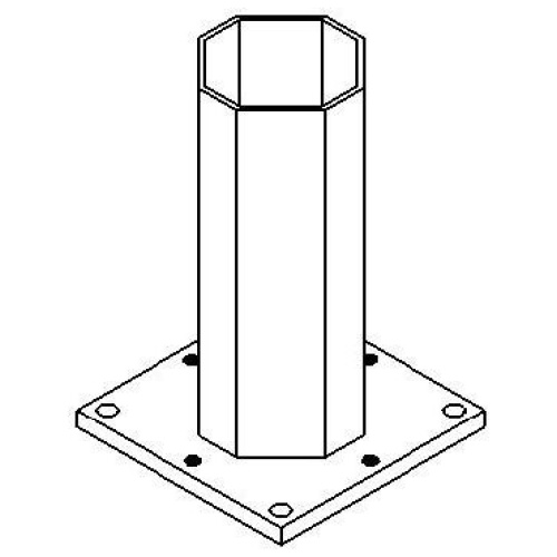 Integrated aluminum stanchion base with square mounting plate and anchor bolt holes for structural deck attachment.