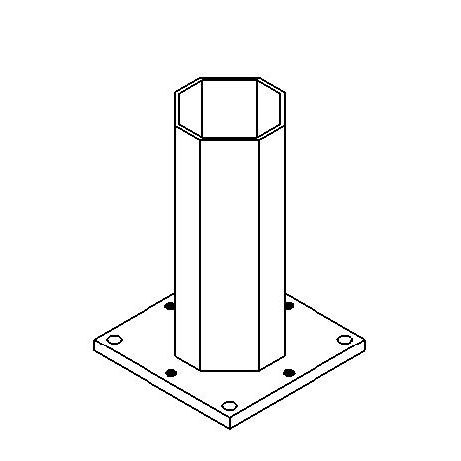 Integrated aluminum stanchion base with square mounting plate and anchor bolt holes for structural deck attachment.