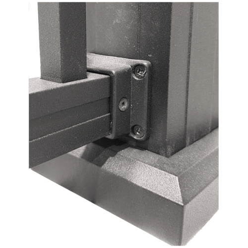 Integrated aluminum level bottom bracket connecting bottom rail to railing post, powder-coated cast 383 aluminum socket bracket for sloped deck leveling adjustments.