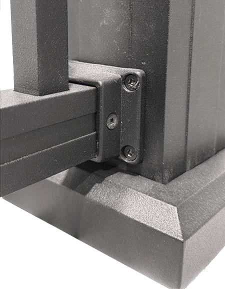 Integrated aluminum level bottom bracket connecting bottom rail to railing post, powder-coated cast 383 aluminum socket bracket for sloped deck leveling adjustments.
