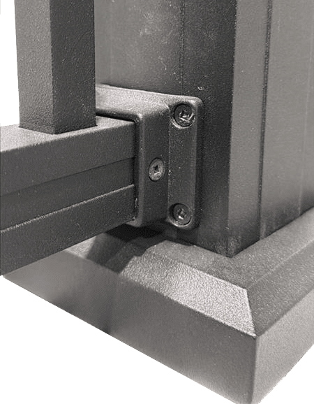 Integrated aluminum level bottom bracket connecting bottom rail to railing post, powder-coated cast 383 aluminum socket bracket for sloped deck leveling adjustments.