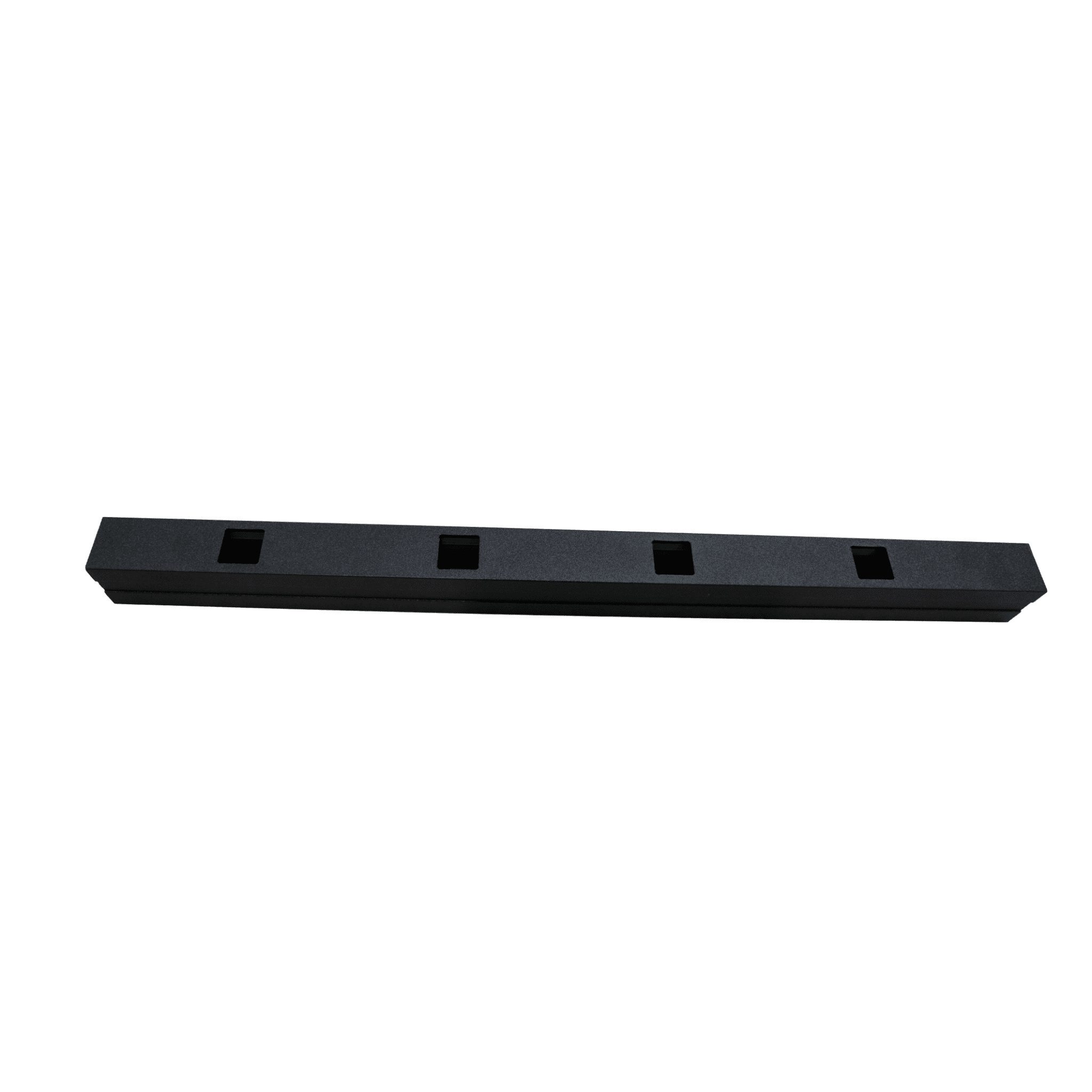 Integrated aluminum bottom rail with evenly spaced square baluster openings, powder-coated extruded railing section.