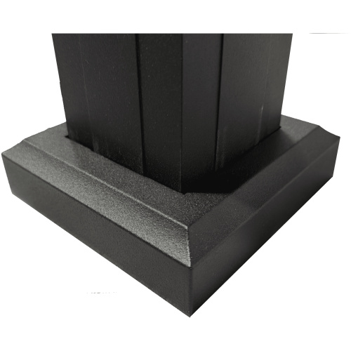 Integrated aluminum surface mount post trim base, powder-coated two-piece skirt cover concealing railing post base flange and fasteners.