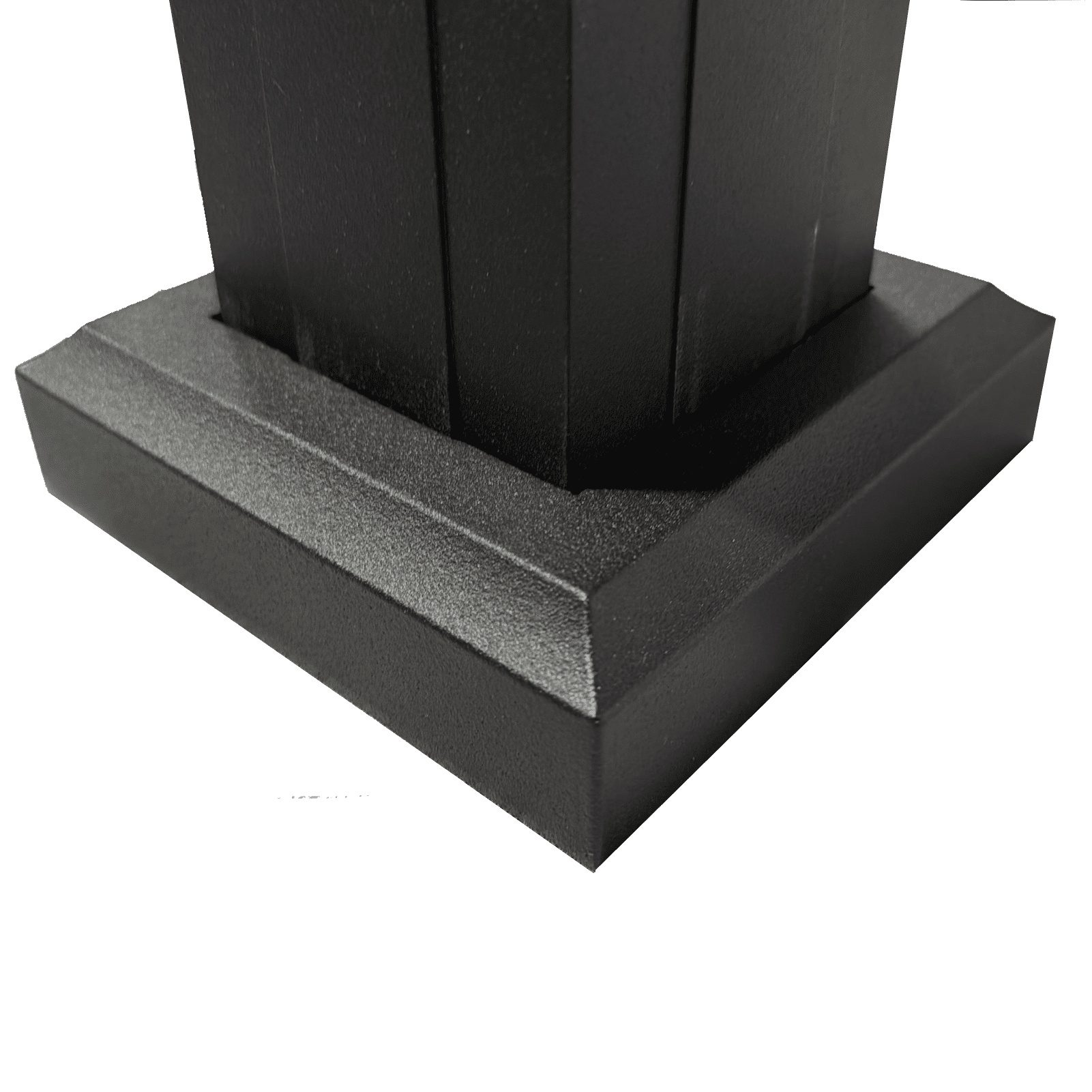 Integrated aluminum surface mount post trim base, powder-coated two-piece skirt cover concealing railing post base flange and fasteners.