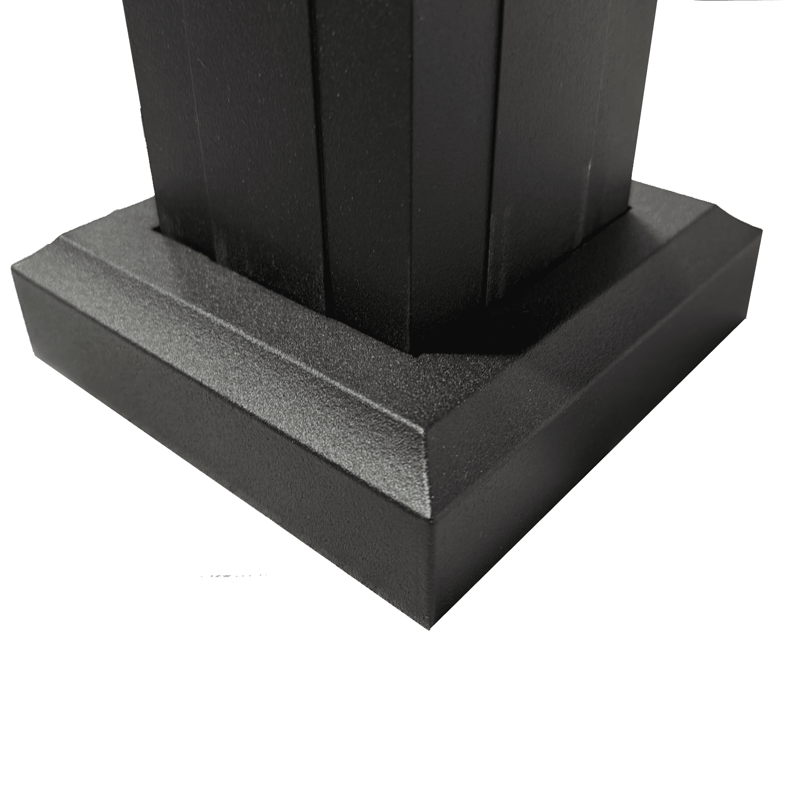 Integrated aluminum surface mount post trim base, powder-coated two-piece skirt cover concealing railing post base flange and fasteners.