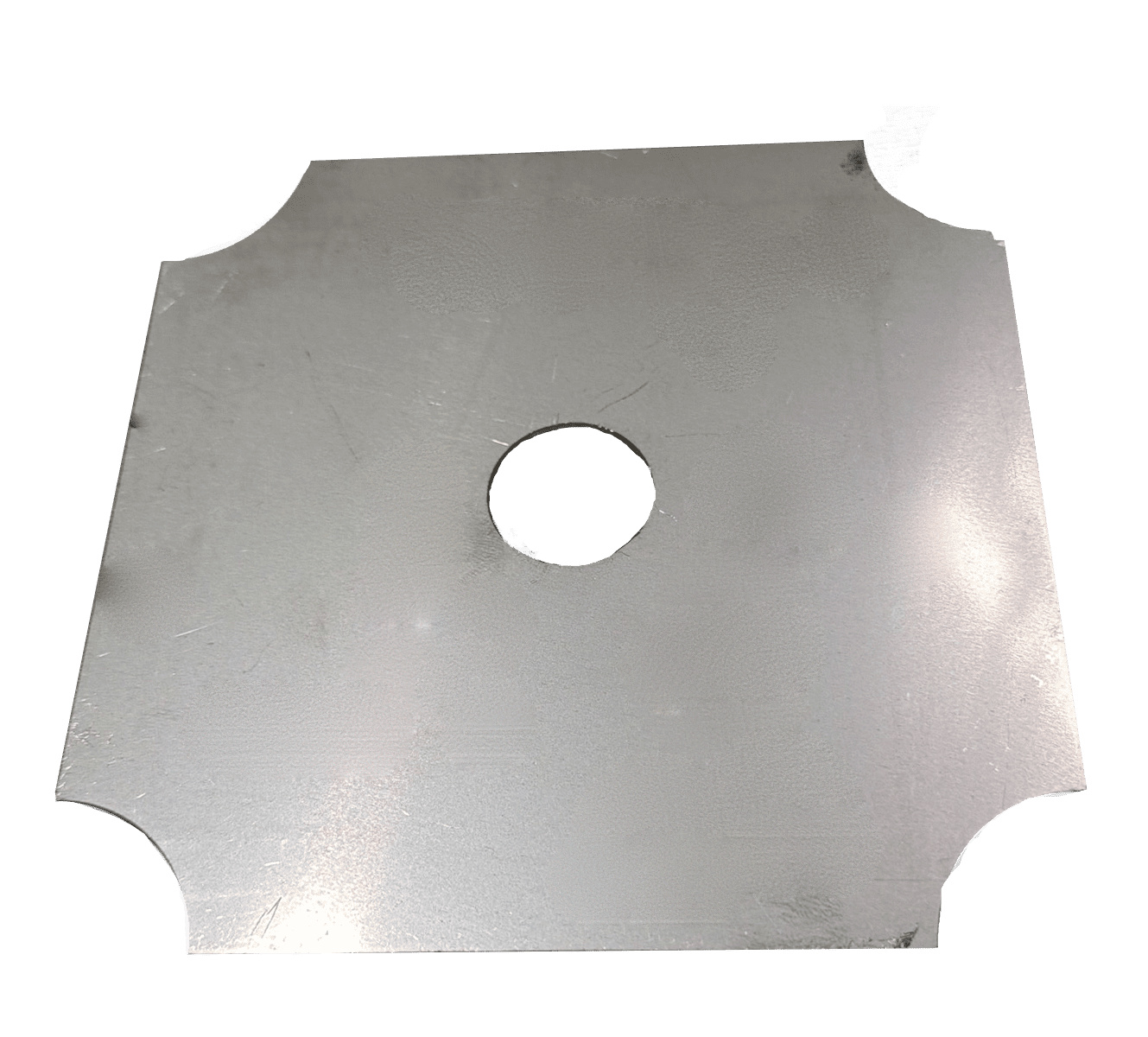Integrated aluminum leveling shim plate with center hole, designed for railing post base leveling on sloped or uneven deck surfaces.