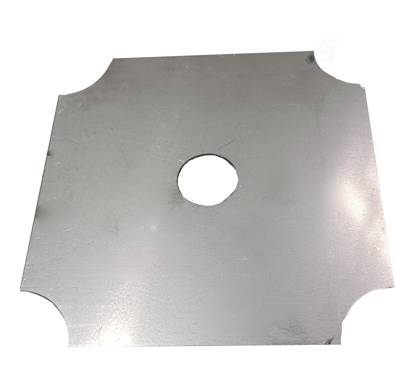 Integrated aluminum leveling shim plate with center hole, designed for railing post base leveling on sloped or uneven deck surfaces.